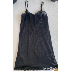 Vintage Black Satin Slip Dress w/Lace